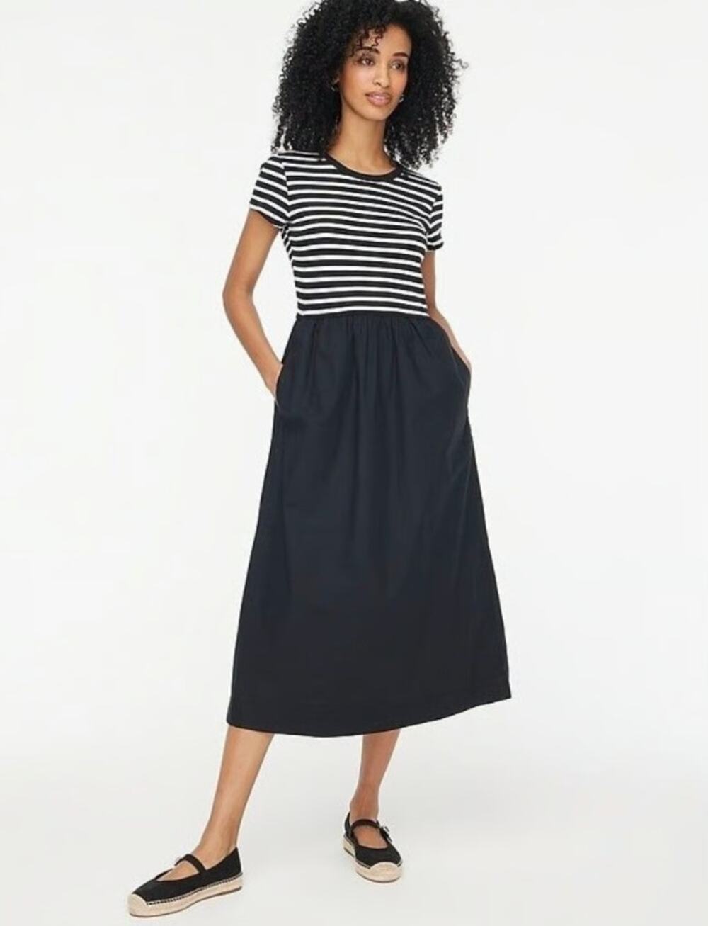 J.Crew Striped Short-Sleeve Knit Mixy Midi Dress XS Black White Crewneck Stretch